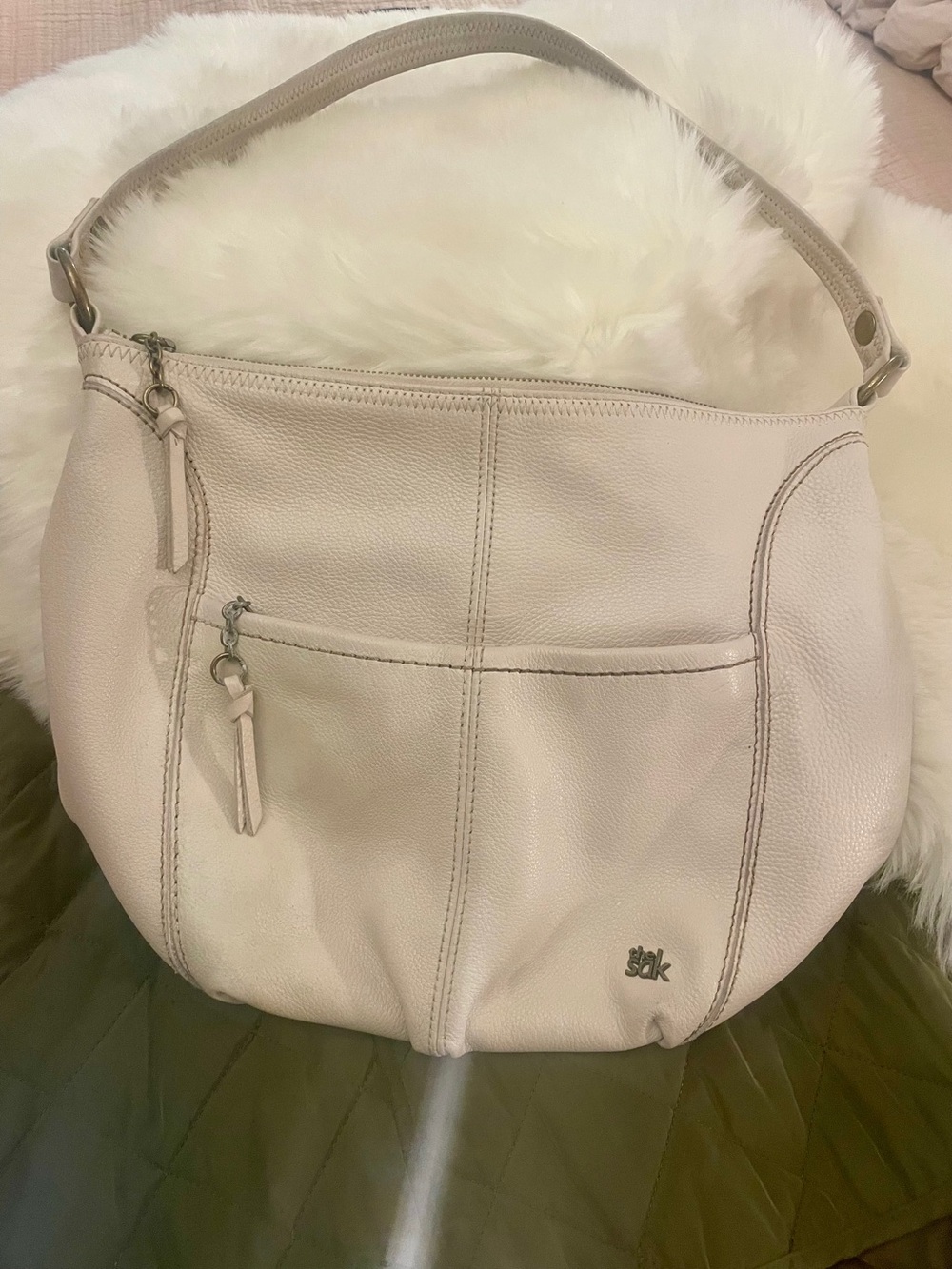 The Sak Iris Hobo Bag Ivory Pebbled Leather Purse Boho Minimalist Zip Tote - Picture 2 of 8